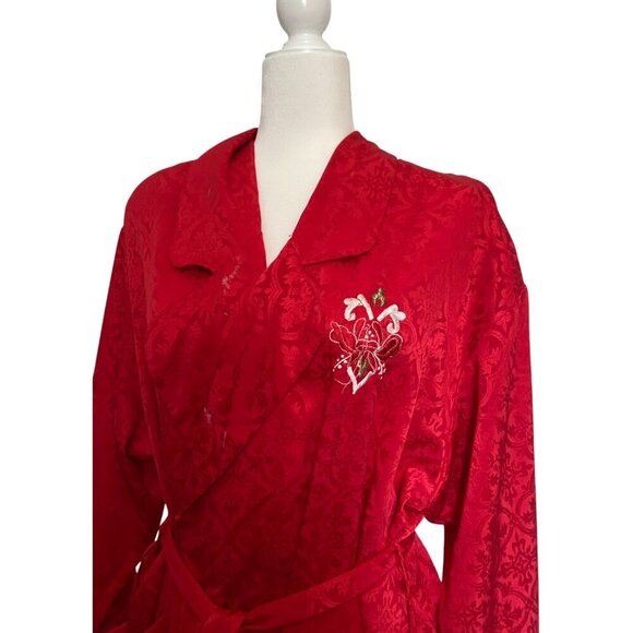 Vintage Natori II Long Red Satin Robe with Floral Embroidery - Picture 2 of 6